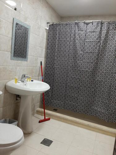 a bathroom with a shower with a sink and a toilet at Zuwwar Aqaba in Aqaba