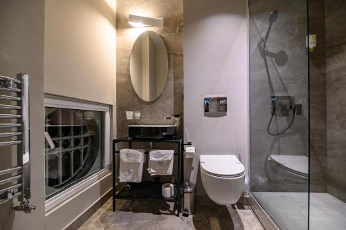 a bathroom with a toilet and a sink and a mirror at ArtLoft Garni Hotel in Niš