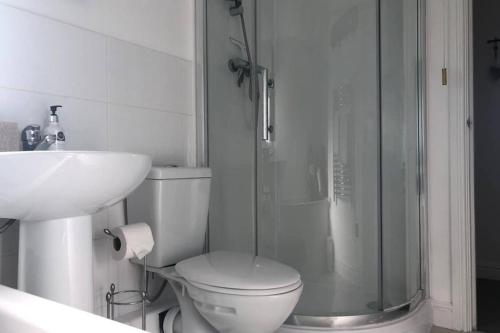 uma casa de banho com um chuveiro, um WC e um lavatório. em Bay House Lundy Port Isaac Apartment with Sea Views em Port Isaac