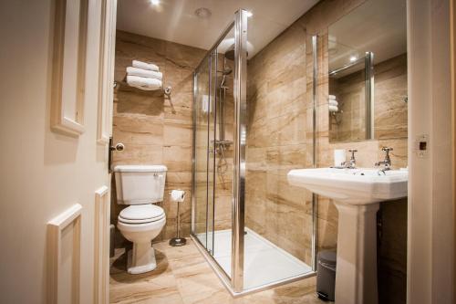 a bathroom with a shower and a toilet and a sink at Dene House Farm in Longframlington