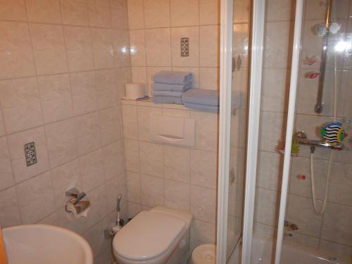 a bathroom with a shower and a toilet and a sink at Appartementhaus Eiergrogstube in Helgoland