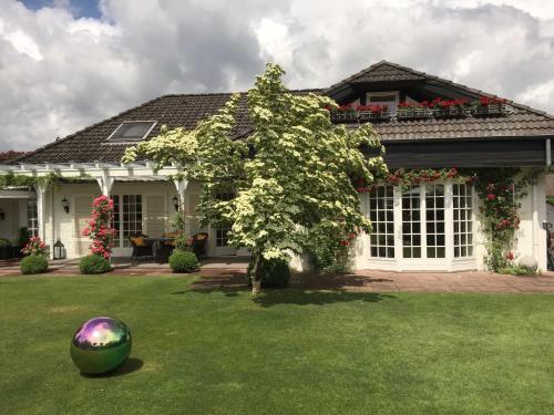 una casa con un árbol y una pelota en el patio en Appartementhaus Grieger, en Bad Bevensen