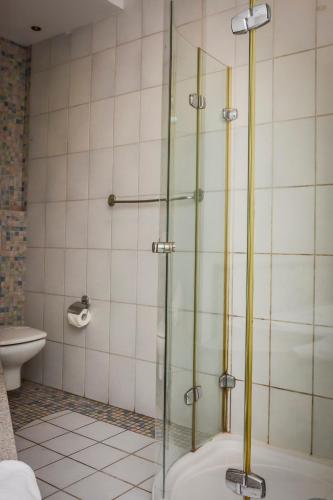 a shower with a glass door in a bathroom at Willa Bryza in Gdynia