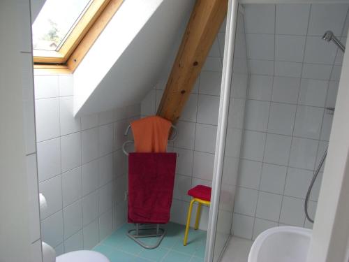 uma pequena casa de banho com chuveiro e WC em ARNOLDS Bed & Breakfast em Interlaken