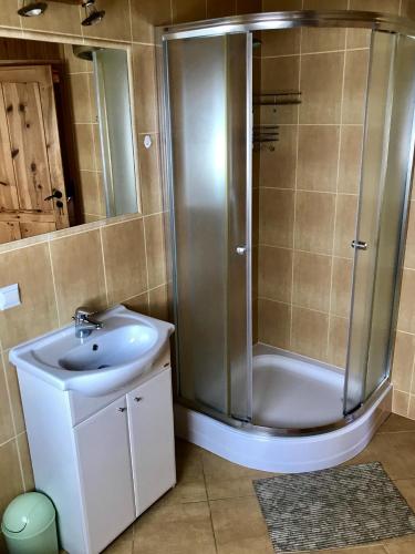 a bathroom with a shower and a sink at Domki Green Grzybowo in Grzybowo