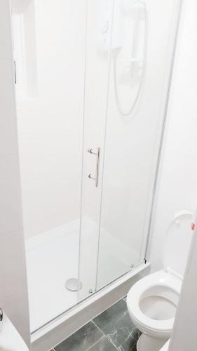 a bathroom with a shower and a toilet at The 55 in Enfield