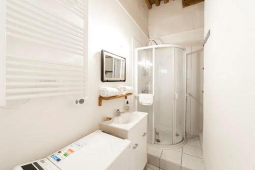 La salle de bains blanche est pourvue d'un lavabo et d'une douche. dans l'établissement Trion - quartier St Just - 42m2 Proche Vieux Lyon, à Lyon
