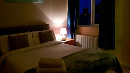 ein Schlafzimmer mit einem Bett mit einer Lampe und einem Fenster in der Unterkunft The Auld Triangle in Loughrea