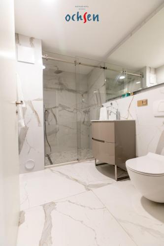 a bathroom with a shower and a toilet at Boutique Hotel OchSen Self-Check-In in Bad Ragaz