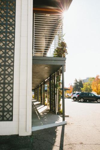a building with a balcony on the side of it at Modern Hotel in Boise