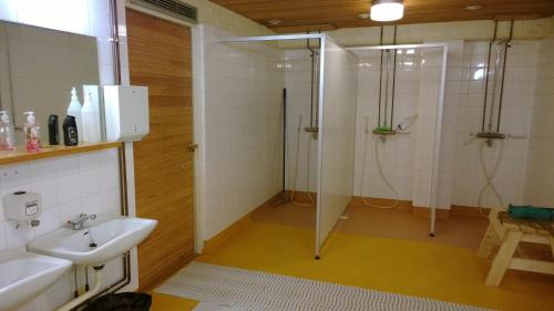 La salle de bains est pourvue d'un lavabo et d'une douche. dans l'établissement Motel Ruskalinna, à Pello