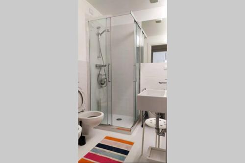 La salle de bains est pourvue de toilettes, d'un lavabo et d'une douche. dans l'établissement Piano nobile di Palazzo Vidmar in centro a Gorizia, à Gorizia
