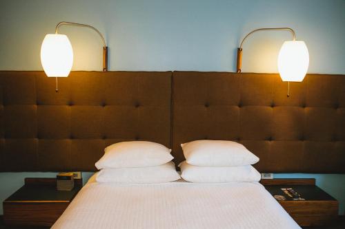 a bed with two pillows and two lights above it at Modern Hotel in Boise