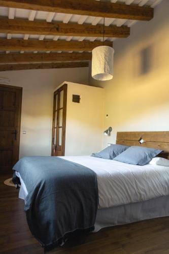 a bedroom with a large bed with blue pillows at Mas de l'Arlequi in Rojals