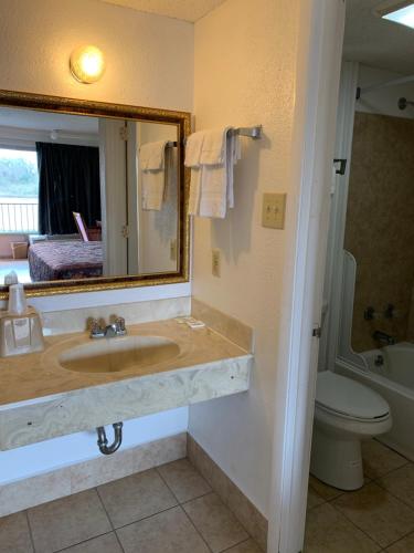 a bathroom with a sink and a mirror and a toilet at Baton Rouge West Inn in Port Allen