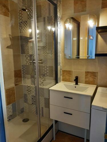 een badkamer met een wastafel en een douche bij T2 in Gruissan