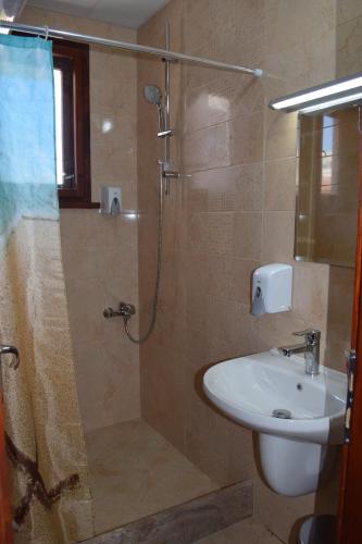 uma casa de banho com um chuveiro e um lavatório. em Vesi's Rooms em Plovdiv