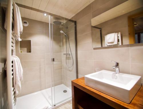 ein Bad mit einem Waschbecken und einer Dusche in der Unterkunft Hôtel Le Bellevue in Thollon