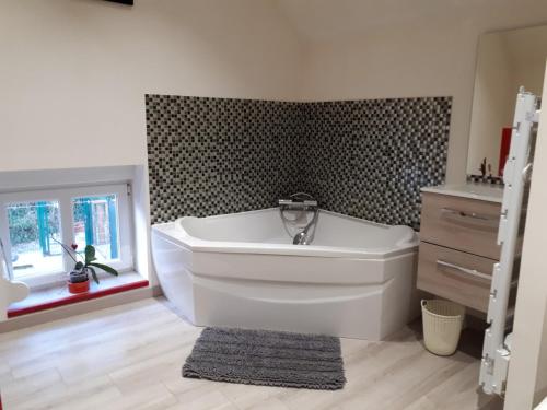 a white bath tub in a bathroom with a window at Au Paradis des Crins avec un studio rez de chaussée jardin et studio en duplex avec terrasse in Templeuve