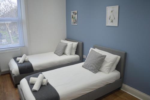 Duas camas num quarto com paredes azuis em 9 bed house (7 Mins) 2 miles from Newcastle centre em Newcastle upon Tyne