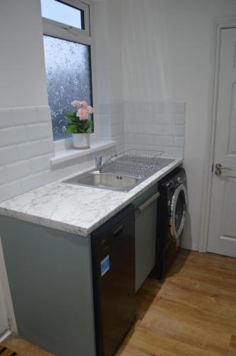 uma cozinha com um lavatório e uma máquina de lavar roupa em 9 bed house (7 Mins) 2 miles from Newcastle centre em Newcastle upon Tyne