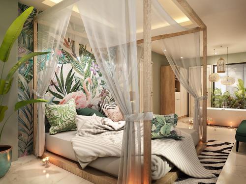 a bedroom with a bed with a canopy at THE VILLA HIEU HY in Quy Nhon