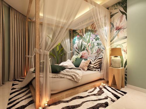 ein Schlafzimmer mit einem Himmelbett mit Pflanzen und Blumen in der Unterkunft THE VILLA HIEU HY in Quy Nhon