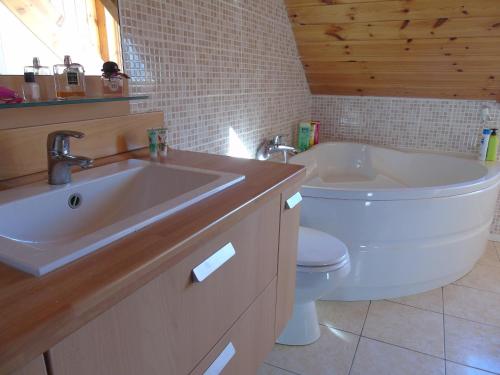 une salle de bain avec un lavabo, des toilettes et une baignoire dans l'établissement La Villa 05, à Chorges
