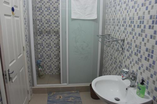 un bagno con doccia e lavandino bianco di EHolidays Villa a Pereybere