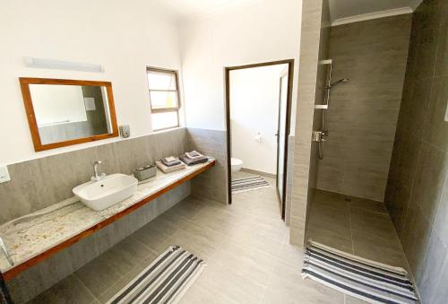 a bathroom with a sink and a shower at Otjohotozu Guestfarm in Omaruru