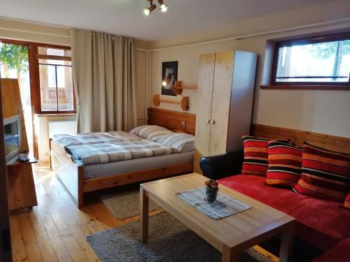 um quarto com uma cama, um sofá e uma mesa em Family House - Apartmany Zuzana em Stará Lesná