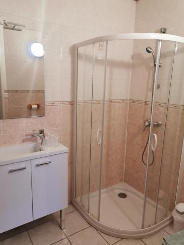 une douche avec une porte vitrée dans une salle de bain dans l'établissement Auberge de l'Europe, à Saint-Quentin-Fallavier