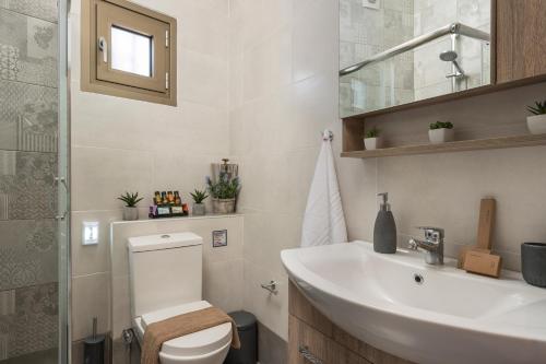 a bathroom with a white toilet and a sink at Floral Beach Apt with Lux Extras & Special Treats in Kolymvari