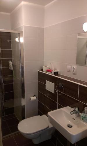 a bathroom with a toilet and a sink and a shower at Alfa Panorama Brno in Brno