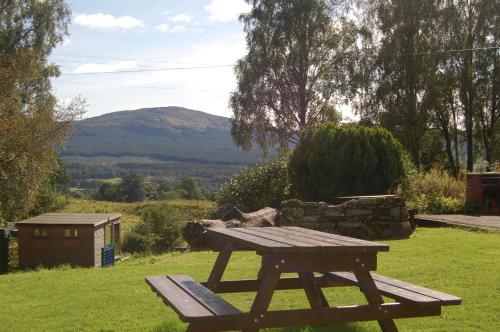 a picnic table in the grass with a mountain in the background at Cosy & compact Rowan Lodge no2 in Killin