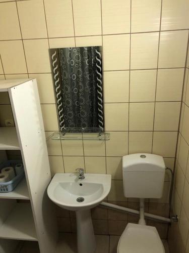een kleine badkamer met een toilet en een wastafel bij Apartament dla 4 osób in Dęblin