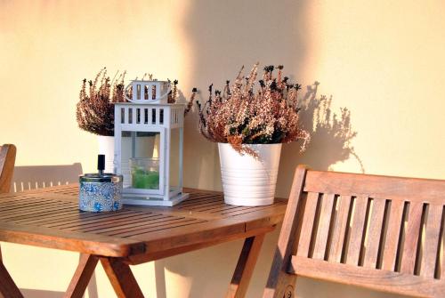a table with a lantern and potted plants on it at Villa Stefania in Noventa Padovana