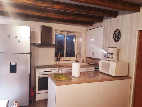 La cuisine est équipée d'un réfrigérateur et d'un four micro-ondes blancs. dans l'établissement Proche Futuroscope - Maison de campagne - La petite Lucie, à Savigny-sous-Faye