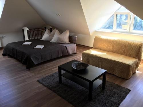 a bedroom with a bed and a couch and a table at Apartment ROCI in Šlapanice
