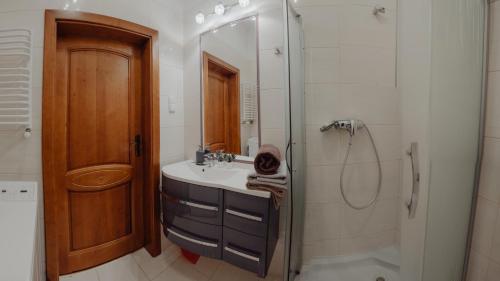 y baño con lavabo y ducha. en Apartament Zacisze en Karpacz