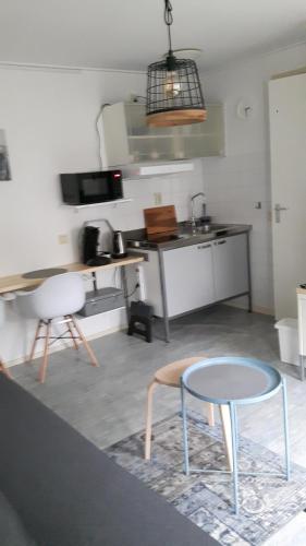 a kitchen with a table and a table and chairs at Tuinhuis in Schagen