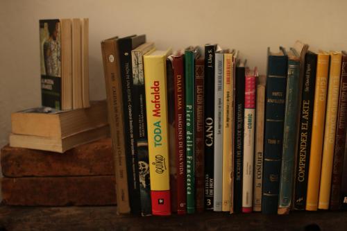 a row of books sitting on a shelf at Buriti EcoH RNT56521, via Termales Santa Rosa de Cabal in Santa Rosa de Cabal