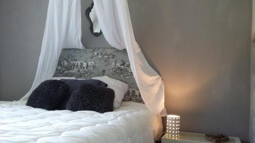 a bedroom with a white bed with a canopy at gîte les petits poissons verts et massages in La Jarrie
