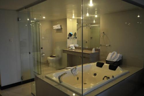 a bathroom with a tub and a shower and a toilet at Sun Hotel in Santa Cruz de la Sierra
