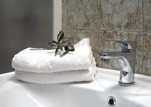 a white bathroom sink with a towel holder on it at Villa Il Giovane Alloro in Martina Franca