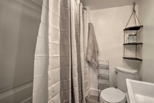 a bathroom with a toilet and a shower curtain at Cozy Cottage with Fire Pit 1 Mi to Lake MI Beaches! in Coloma