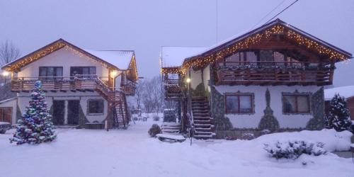 a house with a christmas tree in the snow at Апартаменти "У Кузьмича" 2 in Mykulychyn