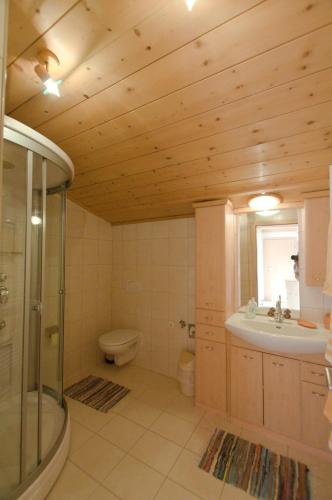a bathroom with a shower toilet and a sink at Appartements Wallner in Uttendorf