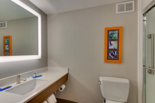 a bathroom with a sink and a toilet and a mirror at Holiday Inn Express & Suites Atlanta Perimeter Mall Hotel by IHG in Sandy Springs