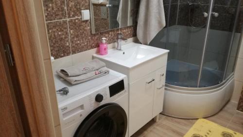 een badkamer met een wasmachine en een wastafel bij u Eli, Bawarczyków 7-69 Toruń, PARKING FREE in Toruń